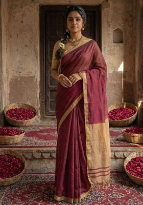 Wine Printed Cotton Saree Set