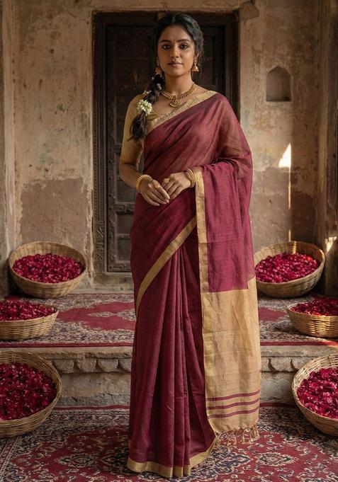 Wine Printed Cotton Saree Set — view on Indya