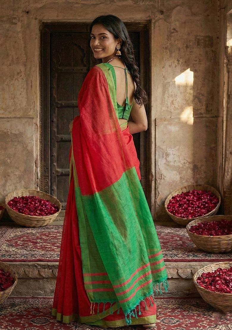 Red Printed Cotton Saree Set - Indya