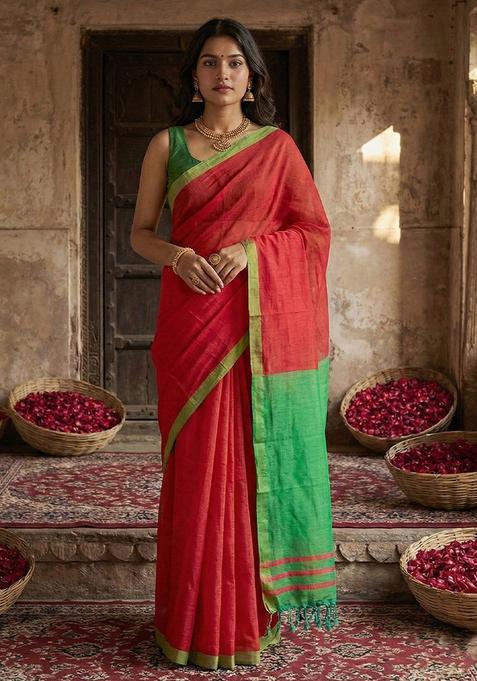 Red Printed Cotton Saree Set