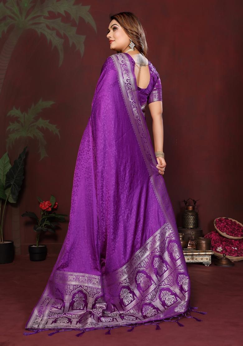 Purple Zari Work Silk Saree Set - Indya