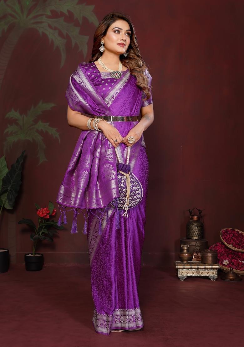 Purple Zari Work Silk Saree Set - Indya