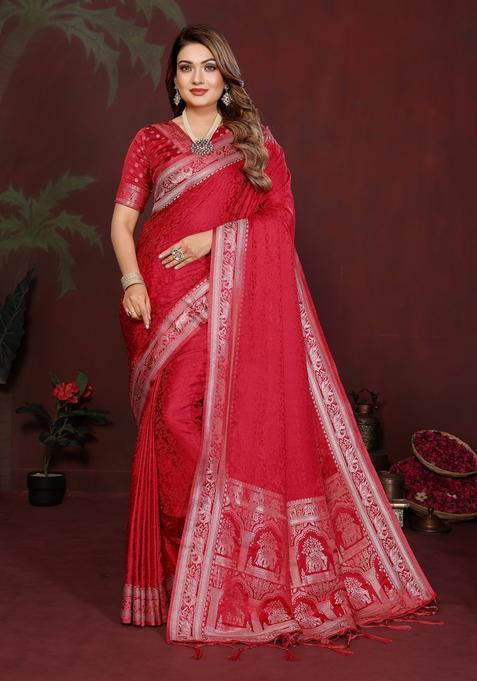 Red Zari Work Silk Saree Set