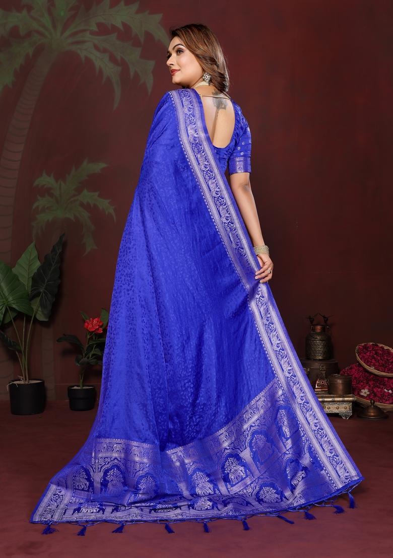 Blue Zari Work Silk Saree Set - Indya