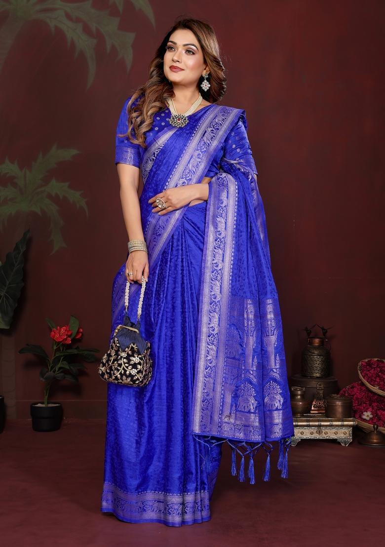 Blue Zari Work Silk Saree Set - Indya