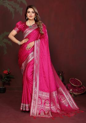 Pink Zari Work Silk Saree Set