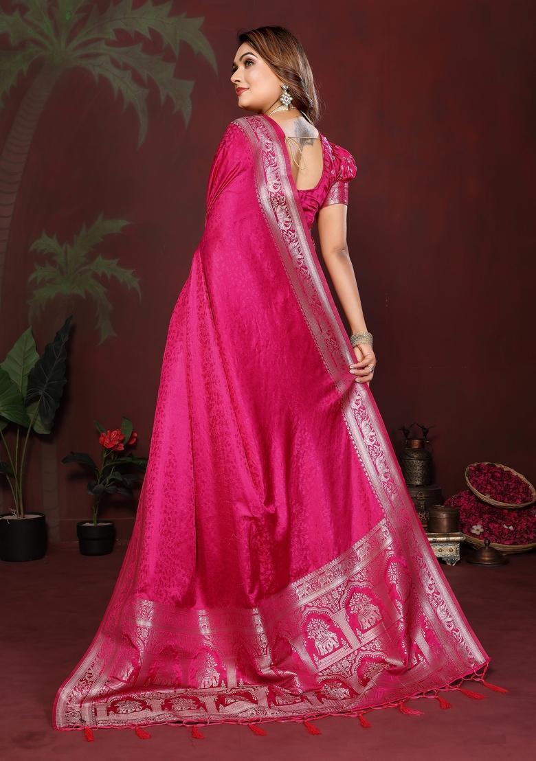 Pink Zari Work Silk Saree Set - Indya