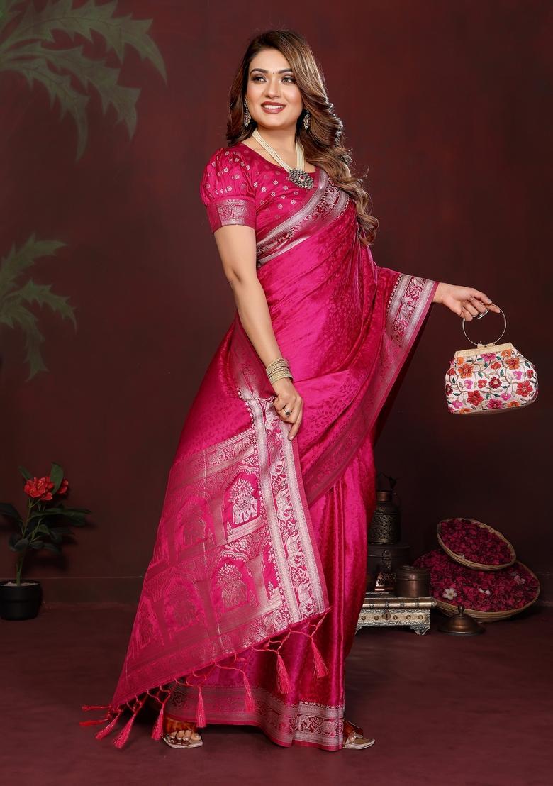 Pink Zari Work Silk Saree Set - Indya