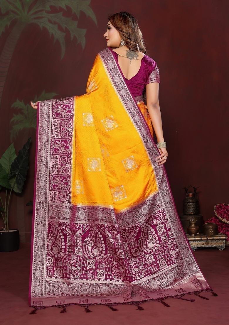 Yellow Zari Work Silk Saree Set - Indya