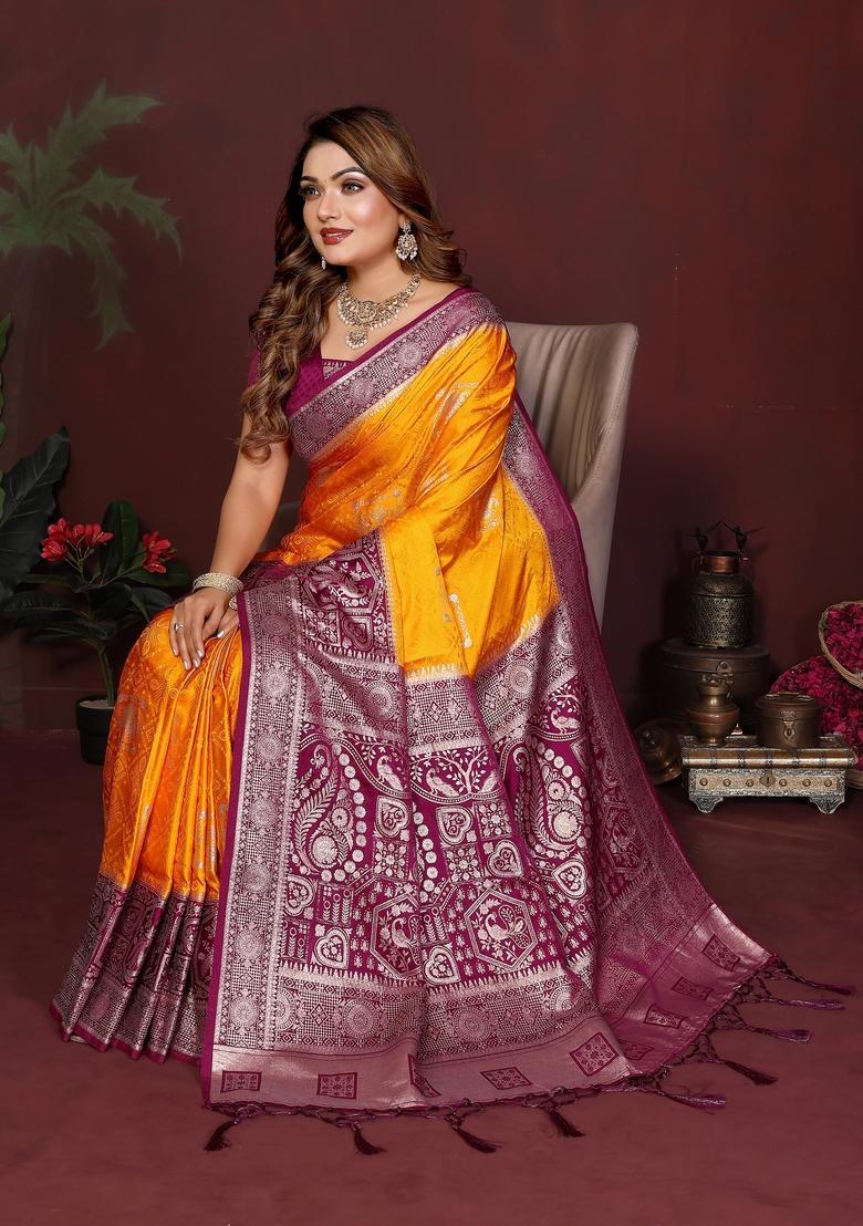 Yellow Zari Work Silk Saree Set - Indya