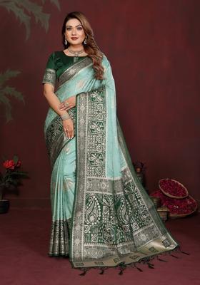 Sea Green Zari Work Silk Saree Set