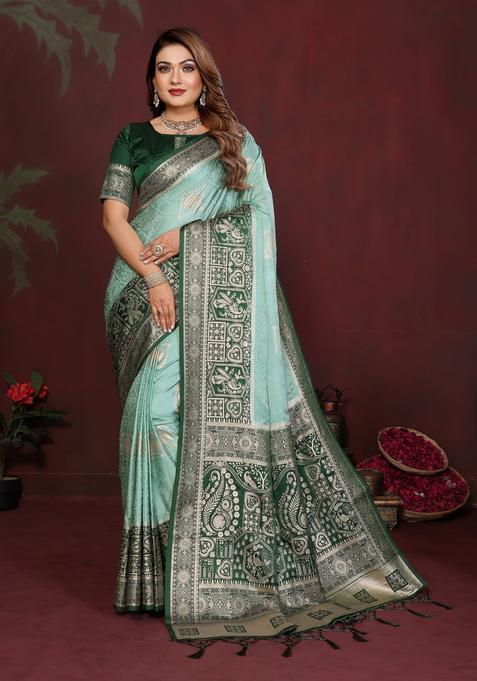 Sea Green Zari Work Silk Saree Set