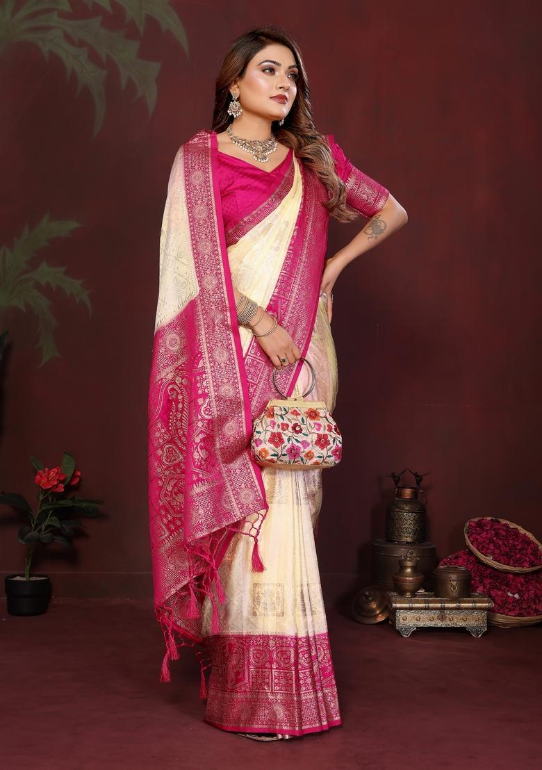 Cream Zari Work Silk Saree Set - Indya