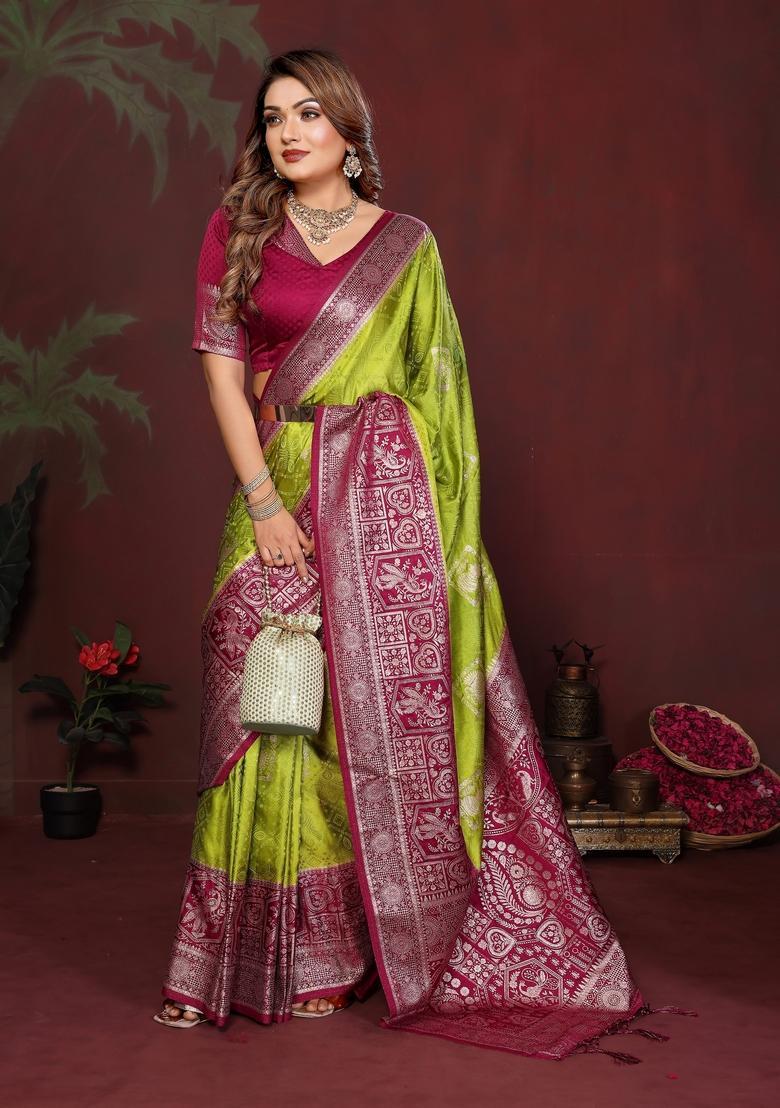 Green Zari Work Silk Saree Set - Indya