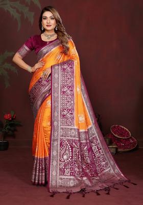 Orange Zari Work Silk Saree Set