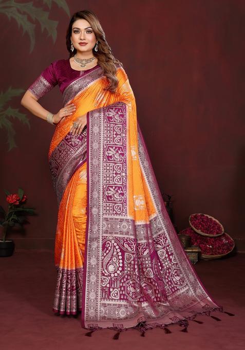 Orange Zari Work Silk Saree Set
