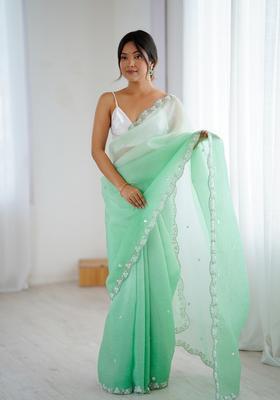Sea Green Embroidery Chiffon Saree Set