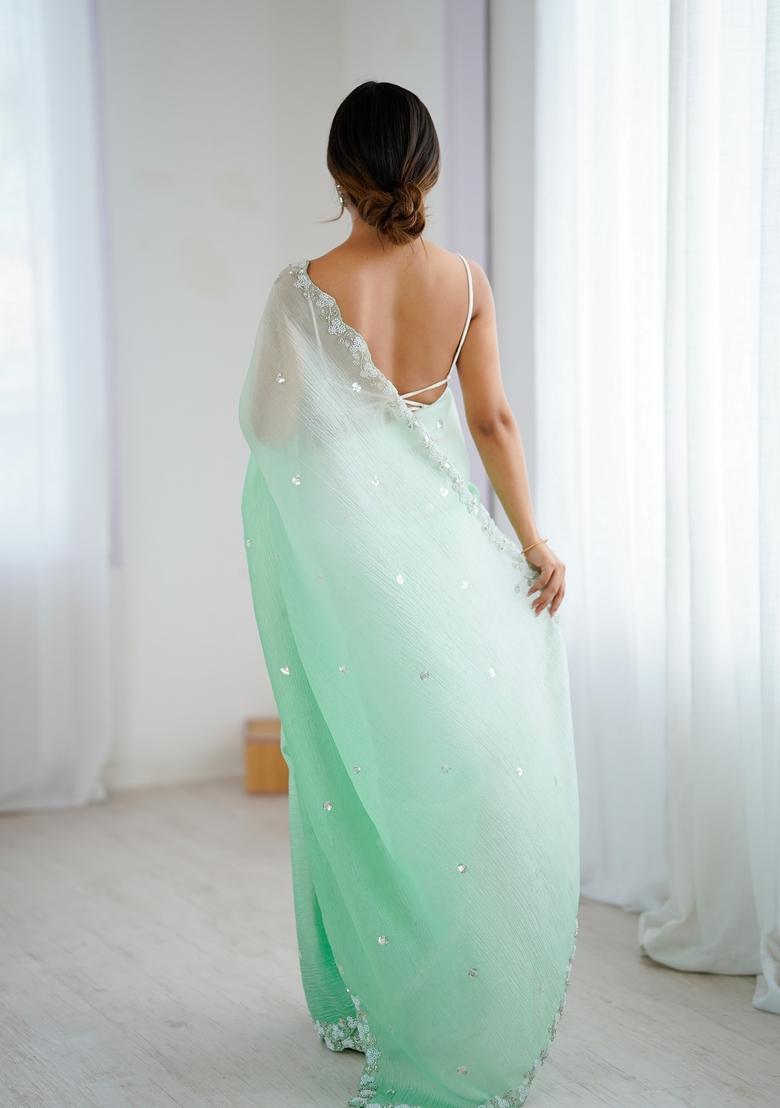 Sea Green Embroidery Chiffon Saree Set - Indya