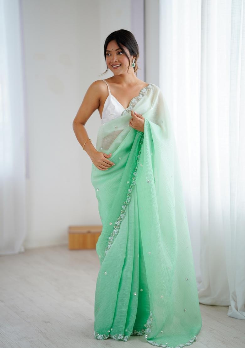 Sea Green Embroidery Chiffon Saree Set - Indya