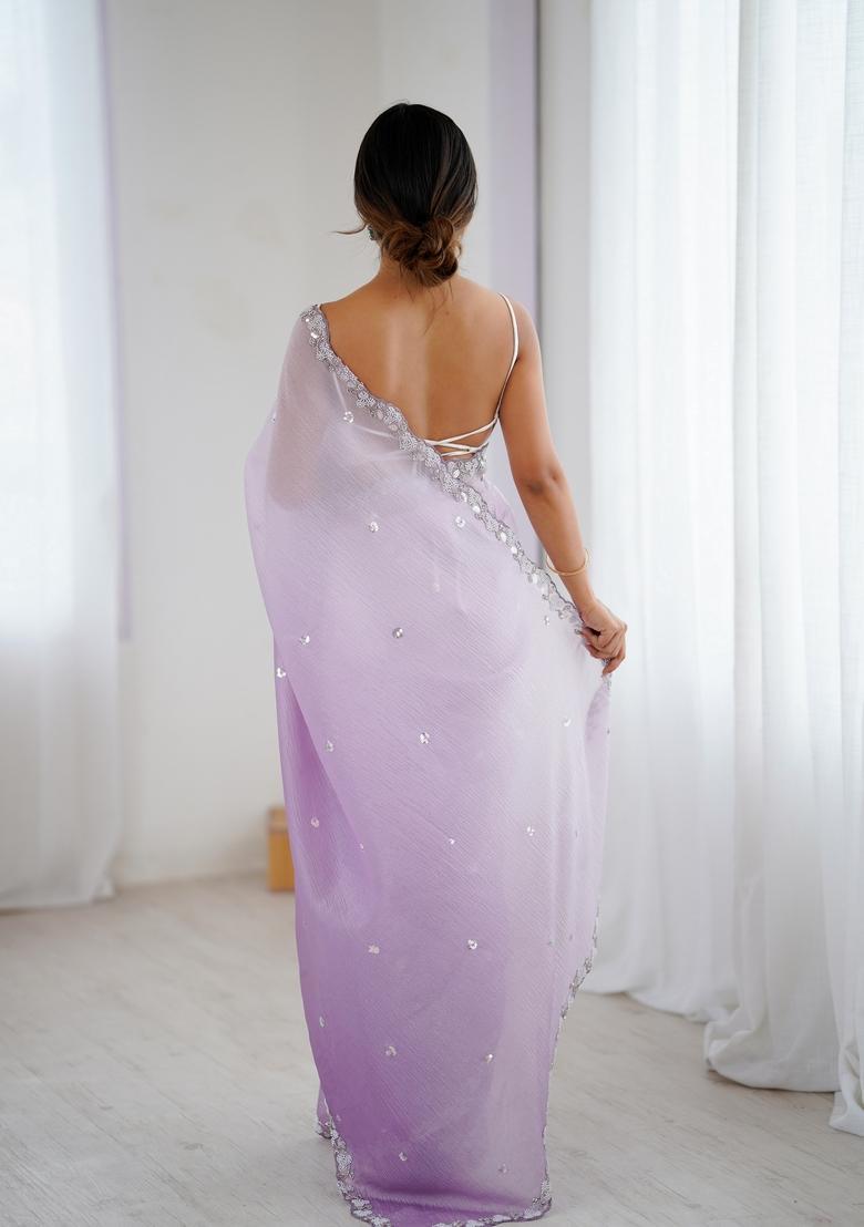 Lavender Embroidery Chiffon Saree Set - Indya