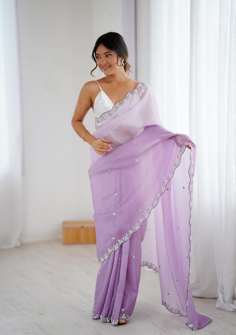 Lavender Embroidery Chiffon Saree Set - Indya