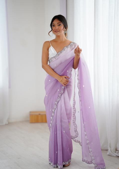 Lavender Embroidery Chiffon Saree Set