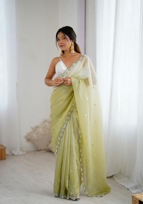 Green Embroidery Chiffon Saree Set