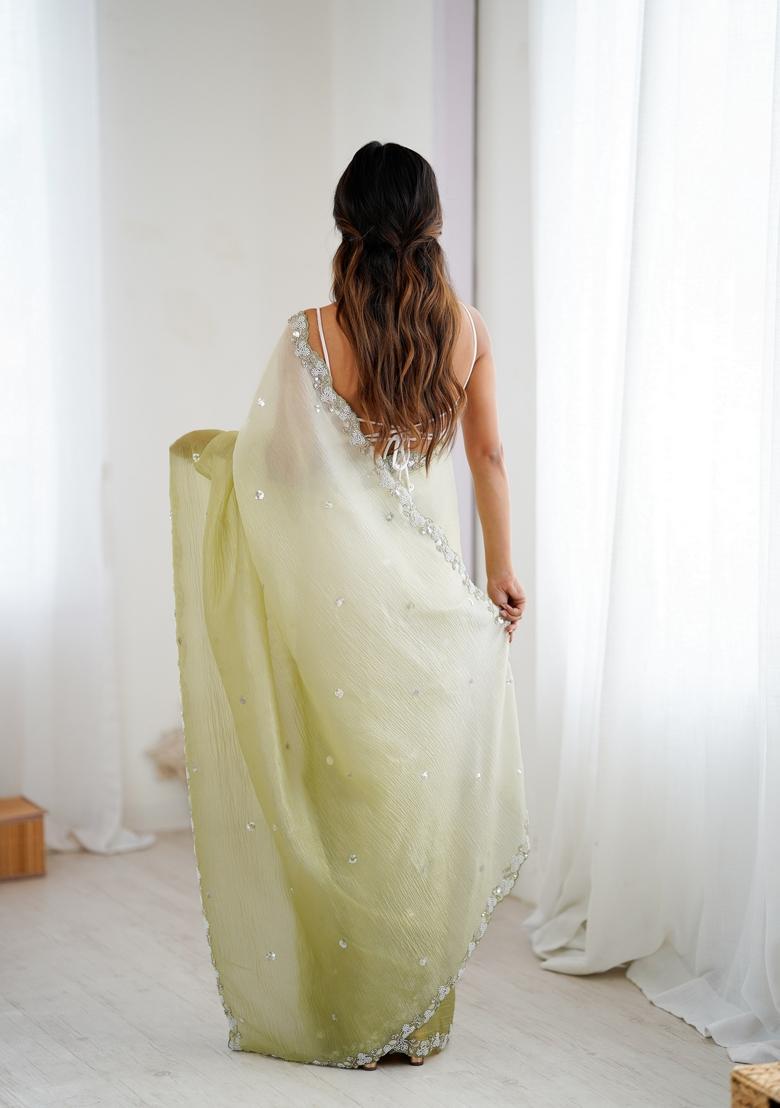 Green Embroidery Chiffon Saree Set - Indya