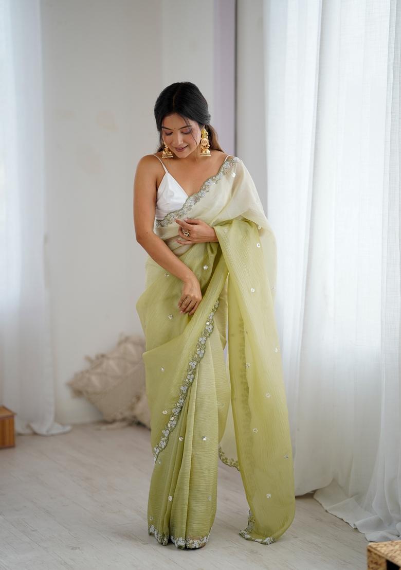 Green Embroidery Chiffon Saree Set - Indya