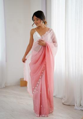 Pink Embroidery Chiffon Saree Set