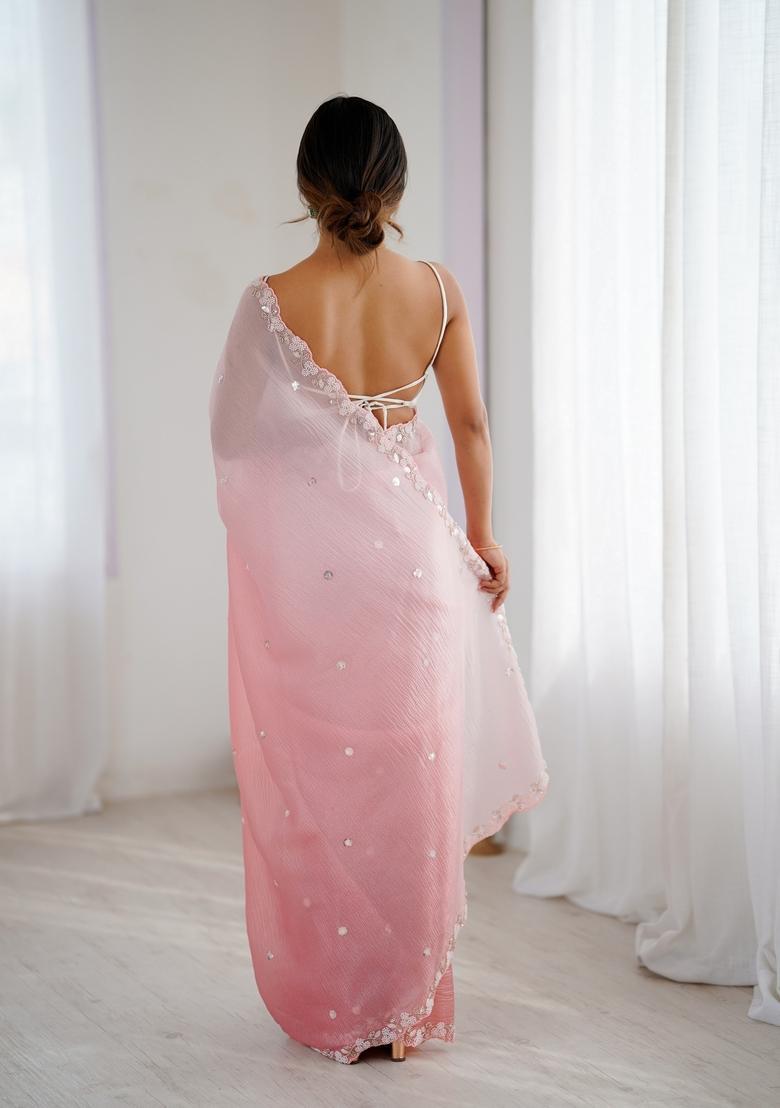 Pink Embroidery Chiffon Saree Set - Indya