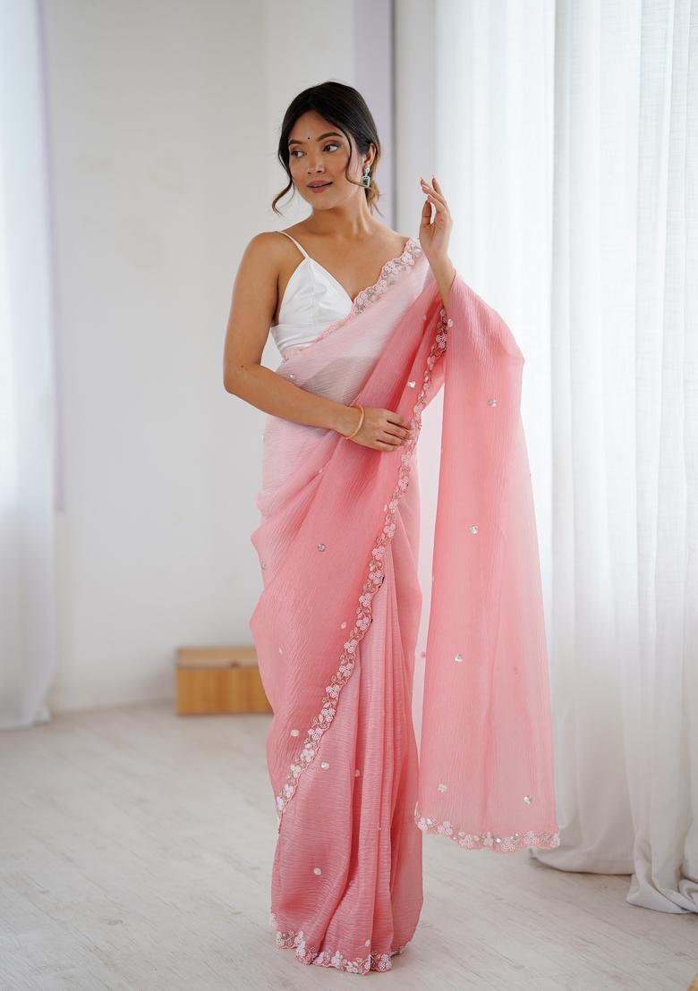 Pink Embroidery Chiffon Saree Set - Indya