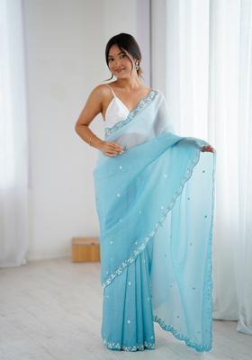 Sky Blue Embroidery Chiffon Saree Set