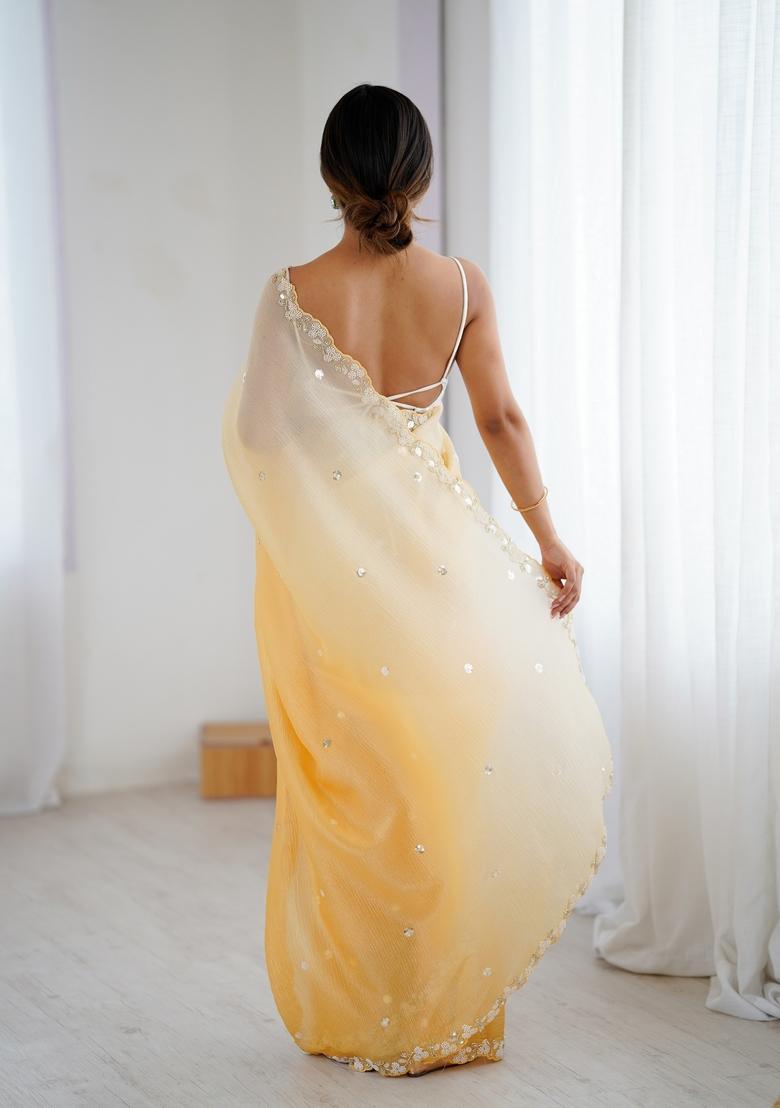 Mustard Embroidery Chiffon Saree Set - Indya