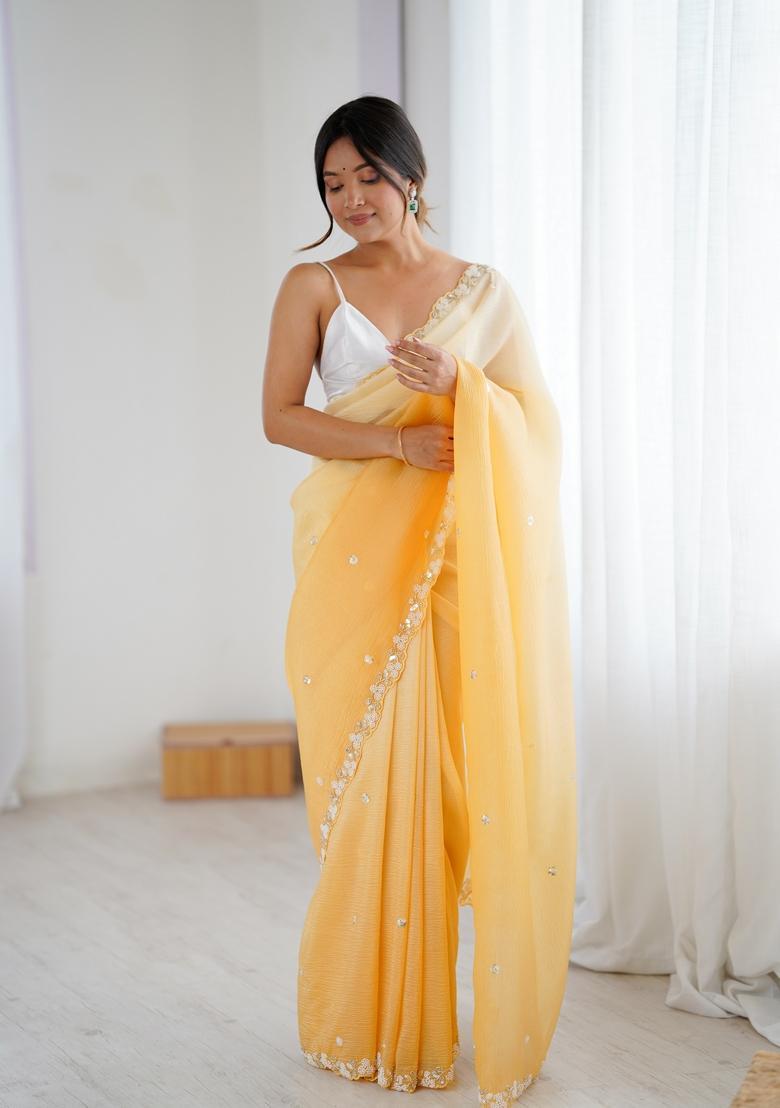 Mustard Embroidery Chiffon Saree Set - Indya