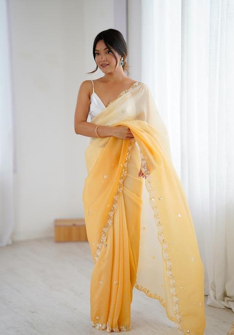 Mustard Embroidery Chiffon Saree Set