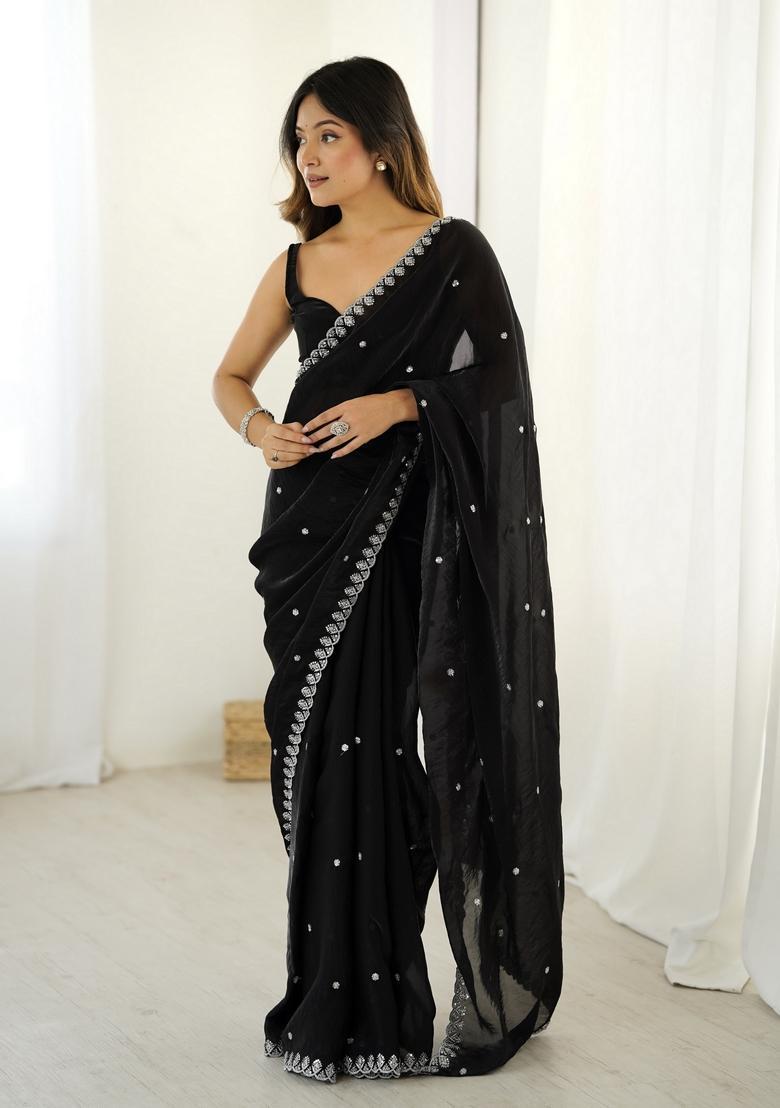 Black Sequins Work Tissue Saree Set - Indya