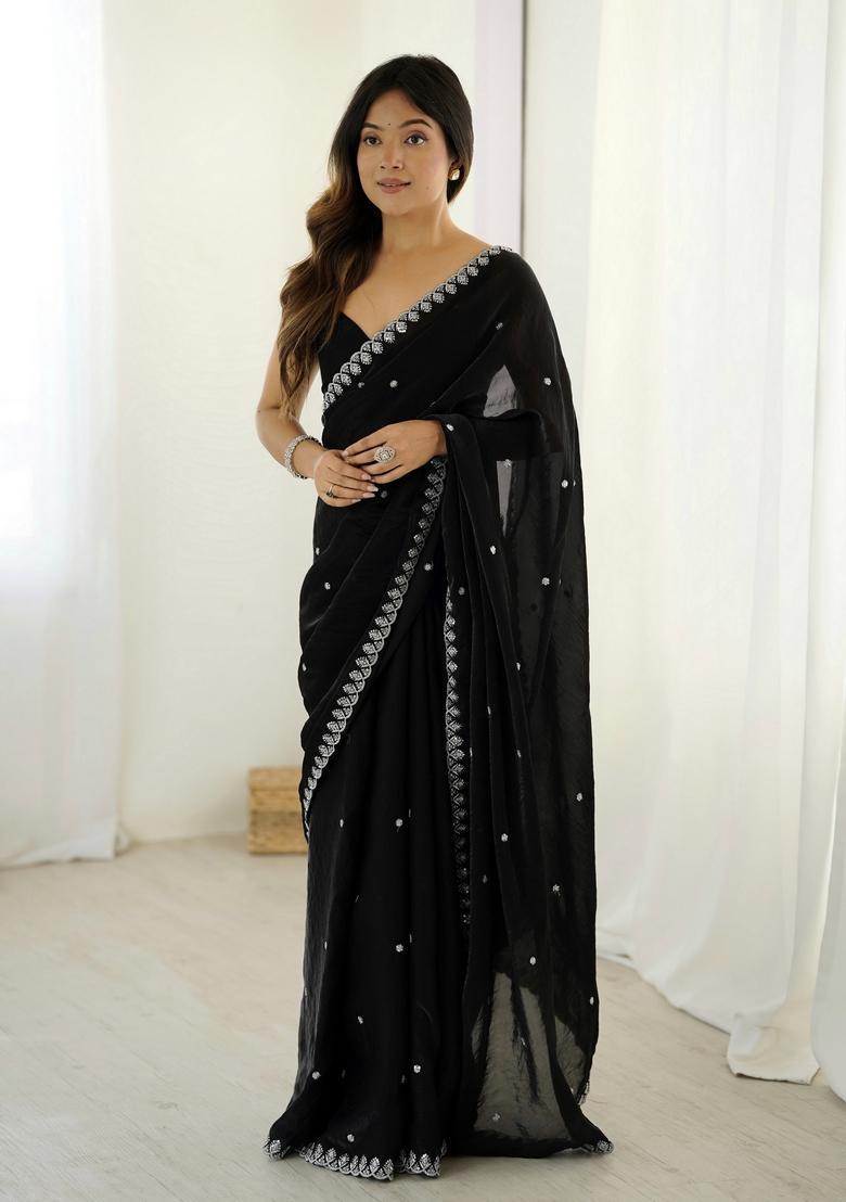 Black Sequins Work Tissue Saree Set - Indya