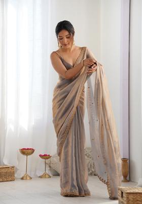 Beige Sequins Work Tissue Saree Set