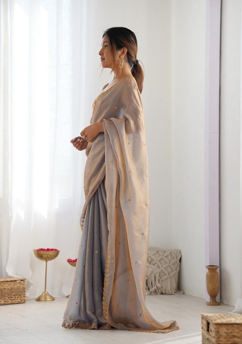 Beige Sequins Work Tissue Saree Set - Indya