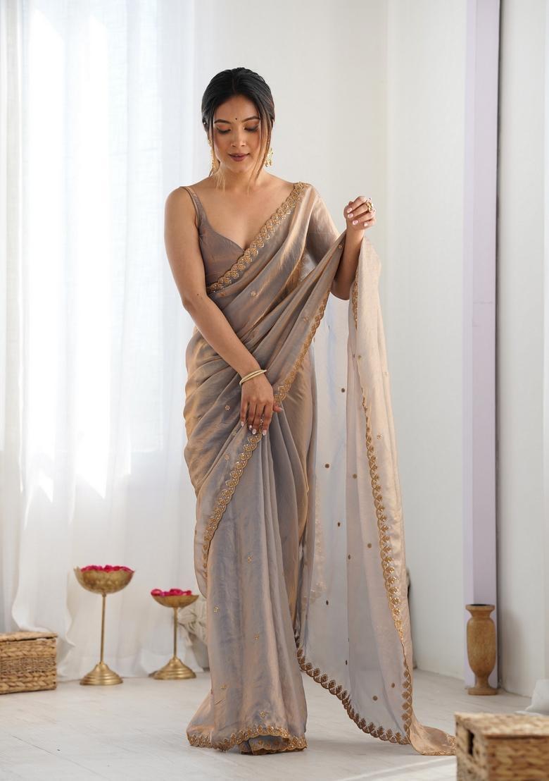 Beige Sequins Work Tissue Saree Set - Indya