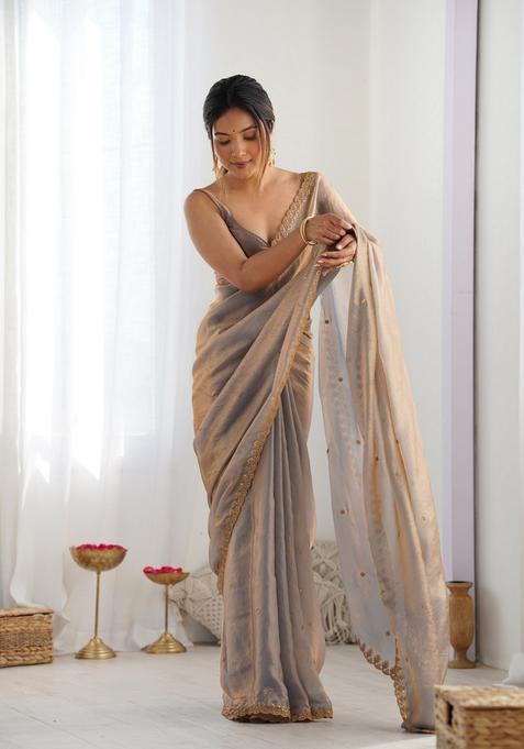 Beige Sequins Work Tissue Saree Set