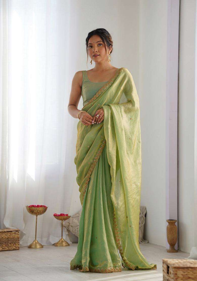 Green Work Tissue Saree Set with Sequins for Diwali | Wedding & Festive Wear - Indya