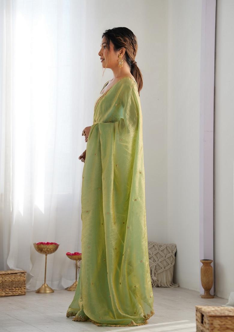 Green Sequins Work Tissue Saree Set - Indya
