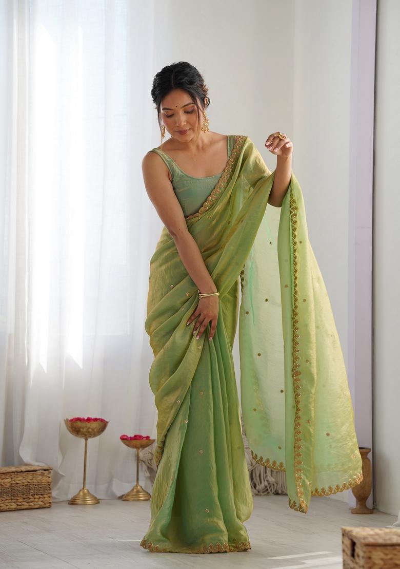 Green Sequins Work Tissue Saree Set - Indya