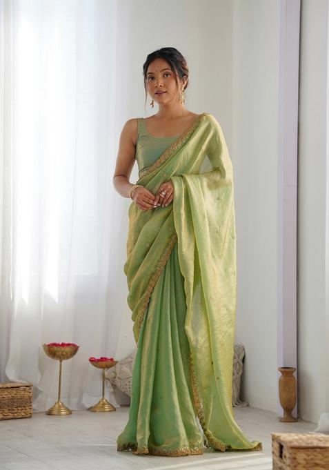 Green Sequins Work Tissue Saree Set — view on Indya