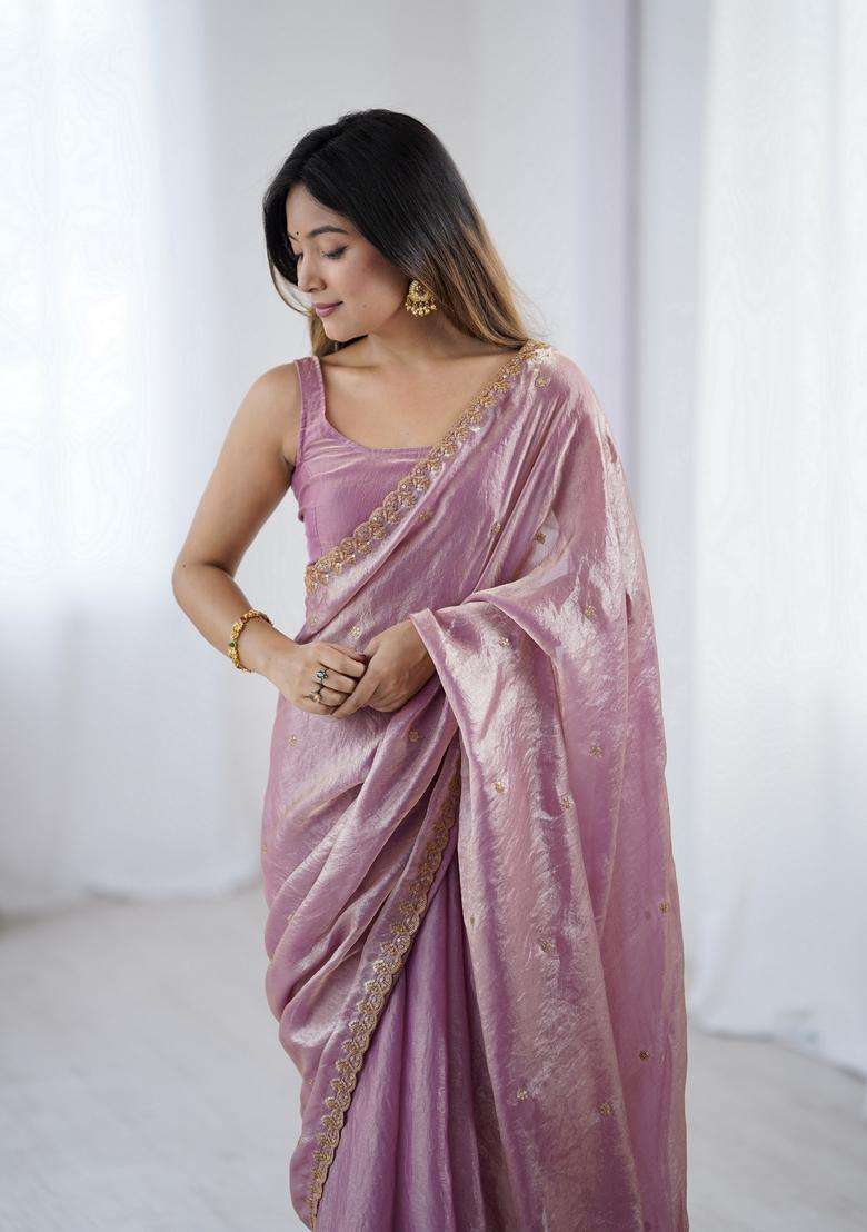 Pink Sequins Work Tissue Saree Set - Indya