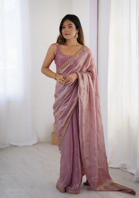 Pink Sequins Work Tissue Saree Set