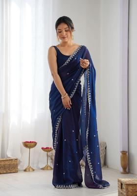 Blue Sequins Work Tissue Saree Set