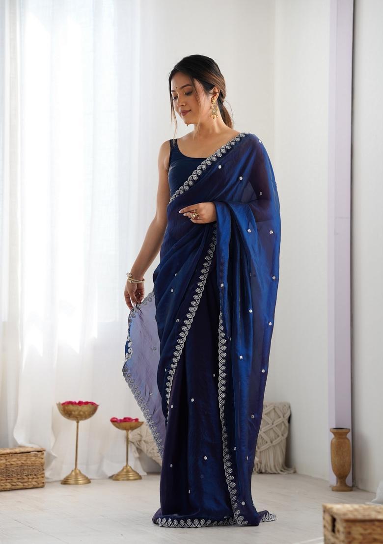 Blue Sequins Work Tissue Saree Set - Indya